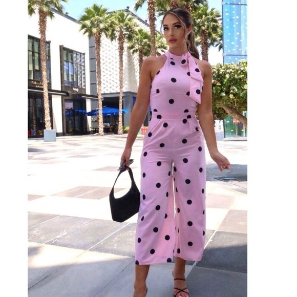 Pink Polka Dot Sleeveless High Neck Wide Leg Culotte Jumpsuit - Picture 6 of 13